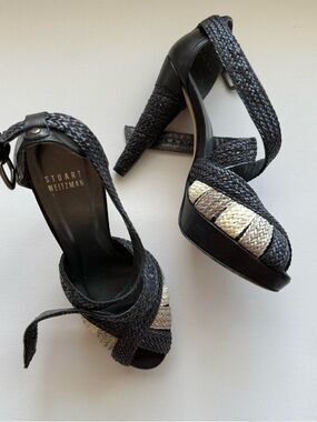 Stuart Weitzman Black Braided Platform Heels with Ivory Panels